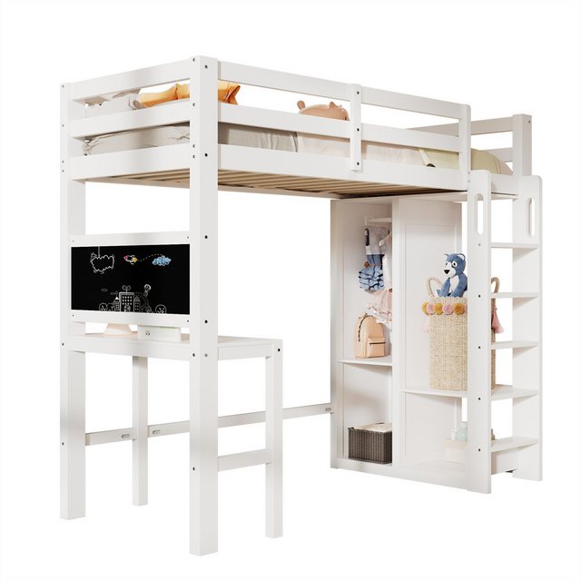 XDeer Jugendbett Kinderbett Hochbett mit Schreibtisch Offener Kleiderschrank, und Regalen Kinderbett mit Lattenrost und Rausfallschutz