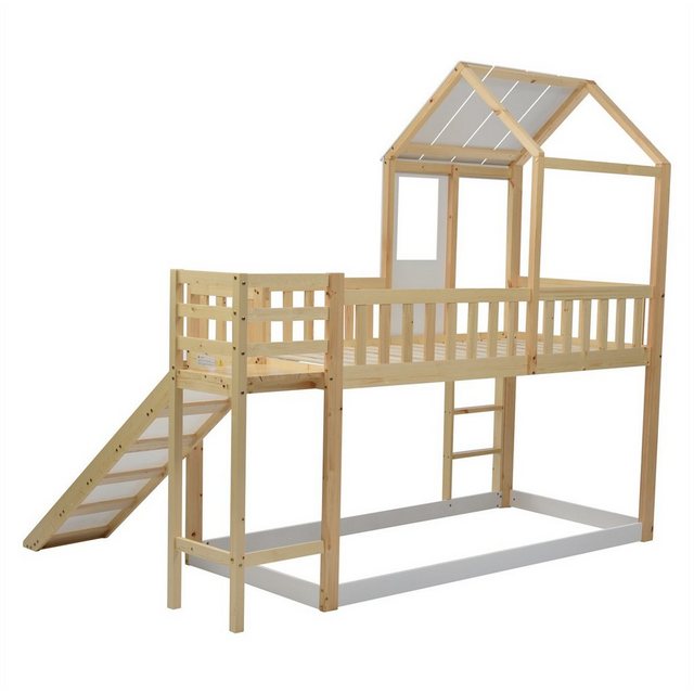 XDeer Kinderbett Doppel Etagenbett,Hausbett(Natur+Weiß,90x200cm)Rahmen aus Kiefer, Mit rechtwinkliger Leiter,Rutsche,Dach,Fenster,Fallschutz und Gitter