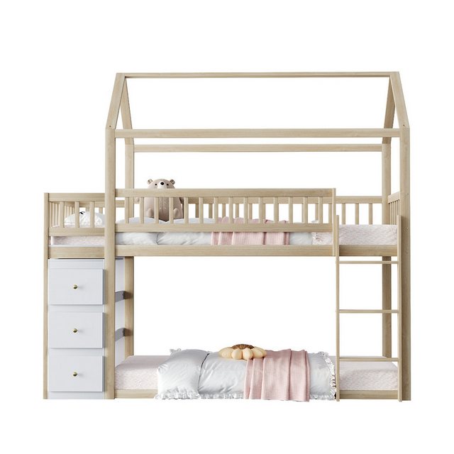 XDeer Kinderbett Etagenbett Mit Aufbewahrungskommode und Regalen Leiter, Kinderbett Hausbett Jugendbett 90 * 200 cm Holzfarbe