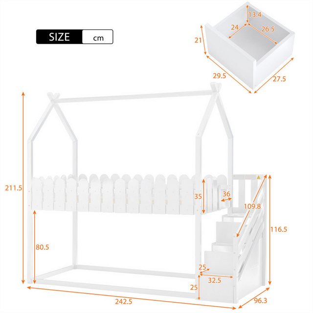 XDeer Kinderbett Etagenbett, mit 3 Treppen, mit 2 Schubladen 200 X 90cm, Kinderbett mit Zaundekor, massivholz, weiß