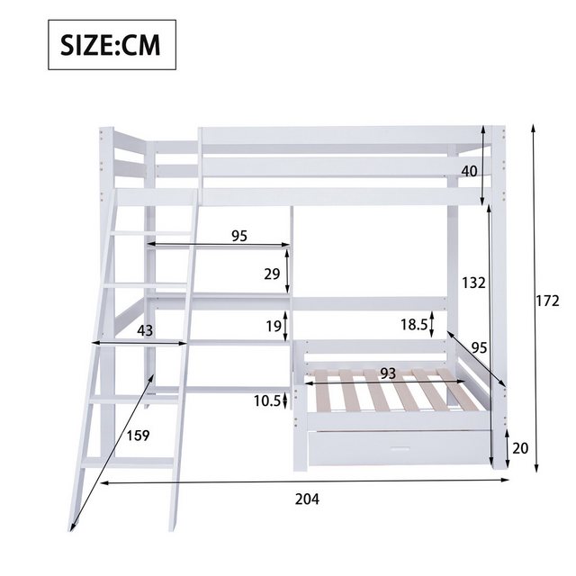 XDeer Kinderbett Etagenbett mit Regalen und Sofa, Holzbett mit einer Schublade, 90×200 cm, Fünfstufiger Schrägleiter, Bettrahmen aus Massivholz