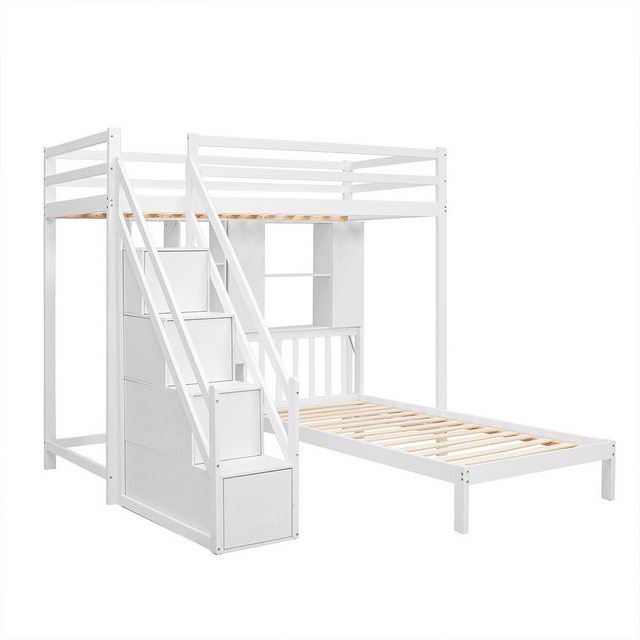 XDeer Kinderbett Etagenbett mit Schreibtisch und Regale Multifunktionales, Kinderbett Hausbett Jugendbett Doppelbett 90*200cm Weiß