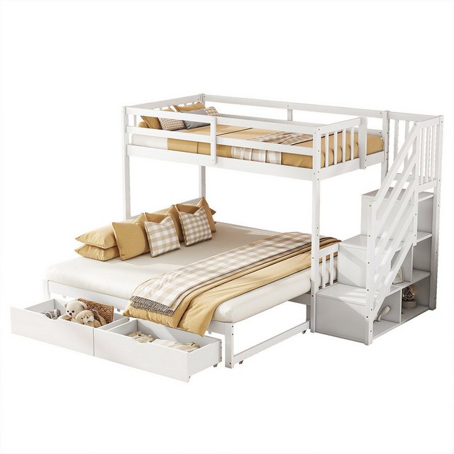 XDeer Kinderbett Etagenbett mit Speicherbare Schritte Schubladen und Ausziehbett, Kinderbett Hausbett Kiefernbett Jugendbett 90 x 200cm Weiß