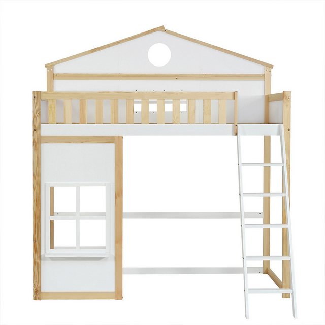 XDeer Kinderbett Etagenbett mit Treppe Fallschutz Gitter Dach und Fenster, Kinderbett Hausbett Kiefernbett Jugendbett aus Kiefer