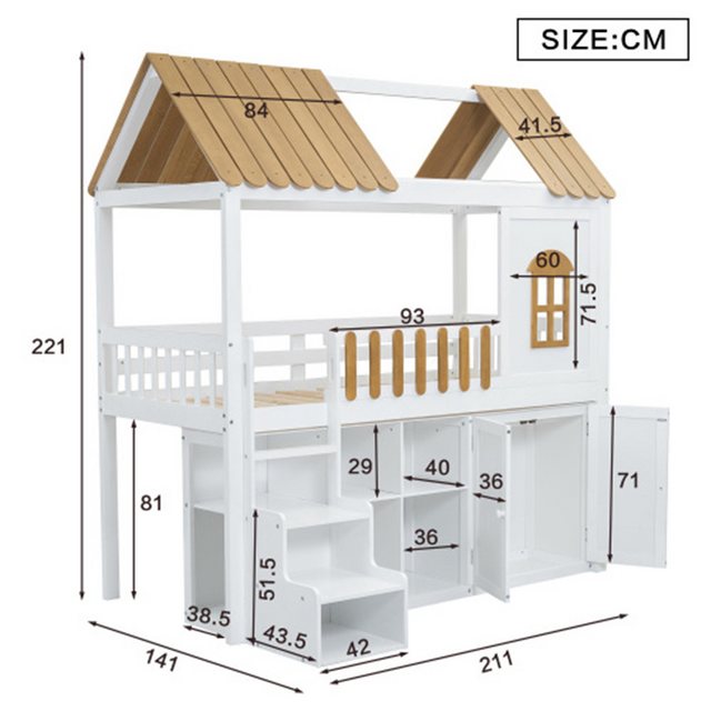 XDeer Kinderbett Etagenbett,Kinderbett,Reichlich Stauraum, Holzbett, mit Kleiderschrank, mit Fenster,mit Schuhschrank,90x200cm