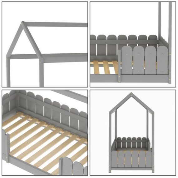 XDeer Kinderbett Hausbett 90x200 cm Vielseitiges Holz, mit Rausfallschutz und Lattenrost für Jungen & Mädchen