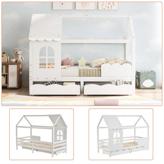 XDeer Kinderbett Hausbett Jugendbett 200×90 mit Rausfallschutz Vielseitiges Holz, Schubladen, Massivholz Rausfallschutz Fenster und Lattenrost