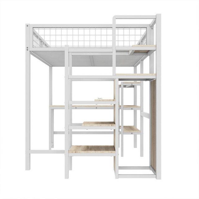 XDeer Kinderbett Hausbett mit Ablageleiter Einbauschrank und Schreibtisch, Hochbett Kinderbett Einzelbett Metallbett Ohne Matratze