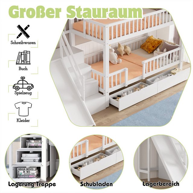 XDeer Kinderbett Hausbett mit Rutsche und Treppen 2 Schubladen magnetischer Tür, Kinderbett Doppelbett Etagenbett 90*200cm Weiß