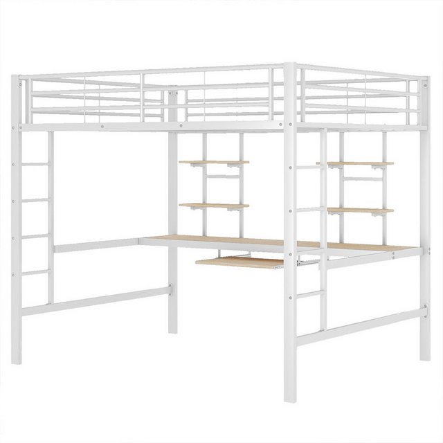 XDeer Kinderbett Hausbett mit Schreibtisch und zwei Bücherregalen Hochbett, Kinderbett Einzelbett Metallbett 140*200 cm Weiß