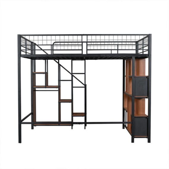 XDeer Kinderbett Hausbett mit Stauraum Ablageflächen und Treppe Hochbett, Kinderbett Einzelbett Metallbett 140 x 200 cm Schwarz