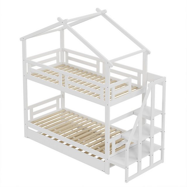 XDeer Kinderbett Hausbett mit Stauraum und Sicherheitsleiter Rollcontainer, Massivholz Etagenbett Kinderbett 90*200 cm Weiß