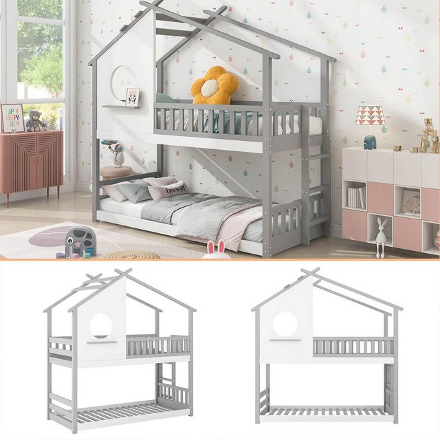 XDeer Kinderbett Hausbett mit rechtwinkliger Leiter Fallschutz und Barriere, Kinderbett Etagenbett Rahmen aus Kiefernholz 90x200cm