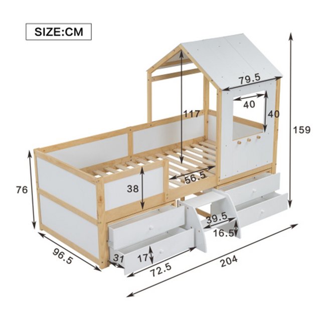 XDeer Kinderbett Kinderbett, Hausbett mit Dach und Fenster, Vierseitiger Zaun, mit, mit 4 Schubladen und kleine Treppe, 90x200cm