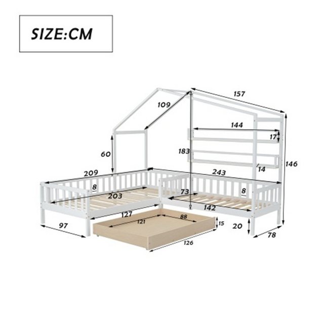 XDeer Kinderbett Kinderbett Hausbett mit Schubladen und Regalen, Massivholz mit, Zaun und Lattenrost, L-Struktur, (90×200 cm+140x70cm)