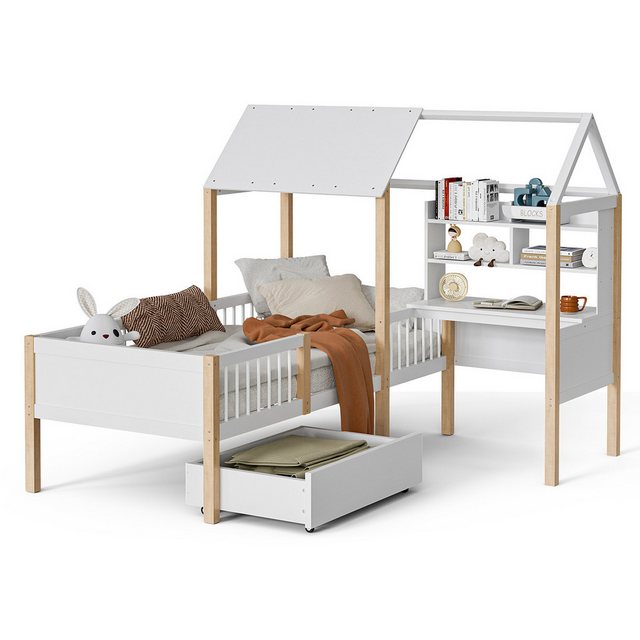 XDeer Kinderbett Kinderbett mit Rausfallschutz und Lattenrost L-förmigem, Schreibtisch und Bücherregal Hausbett Jugendbett 90*200cm Weiß