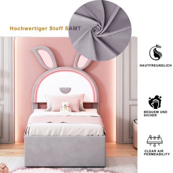 XDeer Kinderbett Polsterbett 90 x 200 cm LED-Licht Samtstoff Multifunktionales, Einzelbett-Schlafsofa mit ausziehbarem Bett, Stauraumschublade