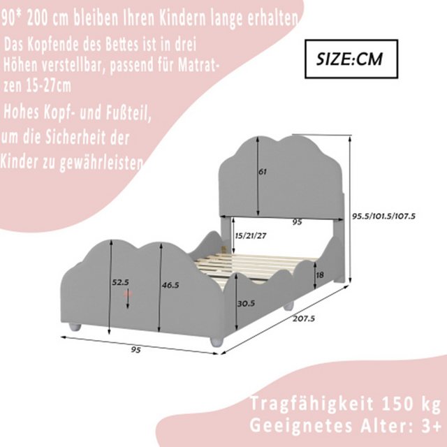 XDeer Kinderbett Polsterbett Kinderbett 90 x 200 cm hohes Geländer-Kinder Bettgestell, mit wolkenförmigem Kopf, Einzelbett Samt