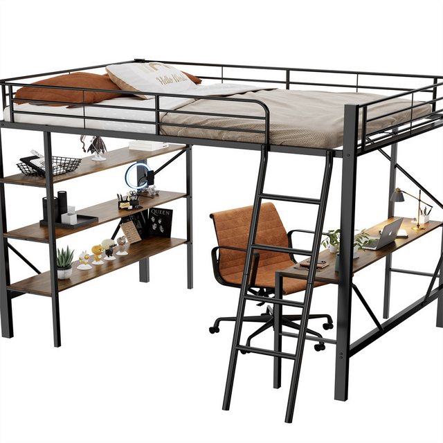 XDeer Metallbett 90x200cm Bettgestell Metallbett, Eisenbett,Hochbett mit, Schreibtisch und drei großen Ablagen für Kinder, Jugendliche