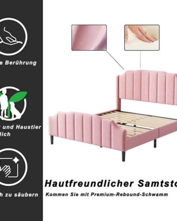 XDeer Polsterbett 140 x 200 cm Bettrahmen mit Kopfteil, Fußteil und Lattenrost, Rosa Samt gepolstertes Doppelbett Jugendbett Gästebett