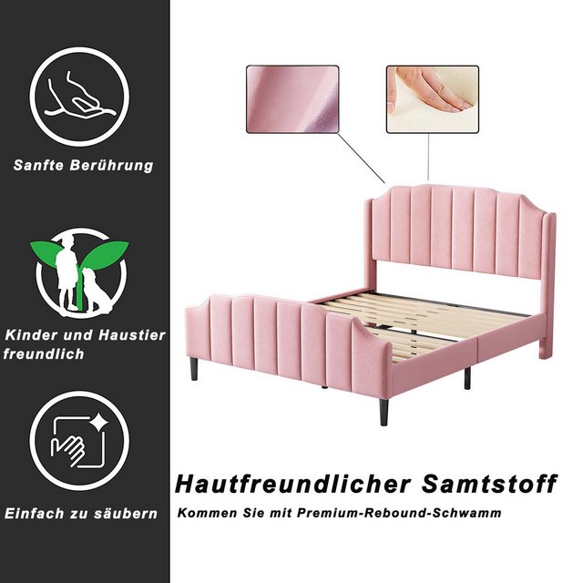 XDeer Polsterbett 140 x 200 cm Bettrahmen mit Kopfteil, Fußteil und Lattenrost, Rosa Samt gepolstertes Doppelbett Jugendbett Gästebett