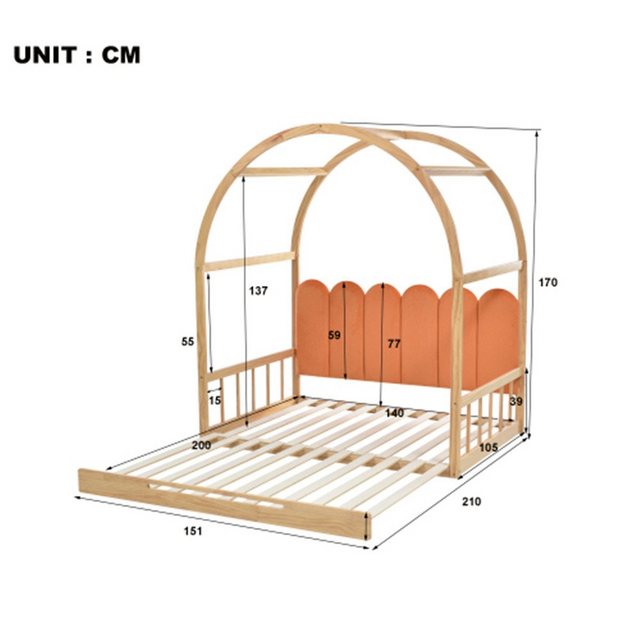 XDeer Polsterbett Doppelbett Erweiterbares Gewölbtes Dachbett, Schiebebett, Kinderbett, (Doppelbett),Doppelbett, Samtkissen, Rahmen aus Kiefernholz,(140x100cm&140x200cm)