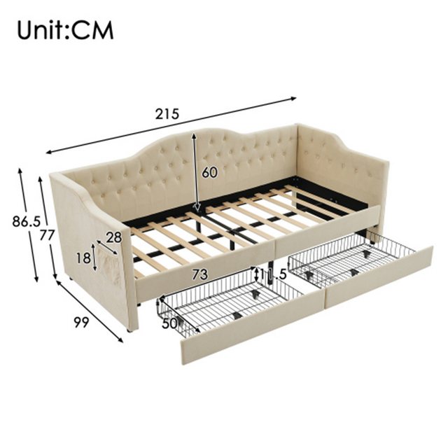 XDeer Polsterbett Polsterbett, Daybett Schlafsofa Stauraumbetten Bettgestell mit, mit USB Type C Ladefunktion und 2 Schubladen 90x200cm