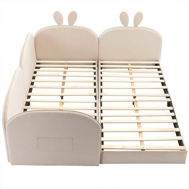 XDeer Polsterbett Polsterbett Kaninchen Kopfteil Kinderbett Doppelbett, 2 Einzelbetten mit gepolsterter Gehäuse Samt Beige