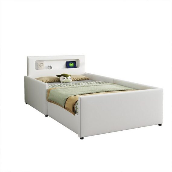 XDeer Polsterbett Polsterbett Polsterbett Nachtlicht und USB-Ladeanschluss und, Ablagefächern Kinderbett Einzelbett 90*200 cm Weiß