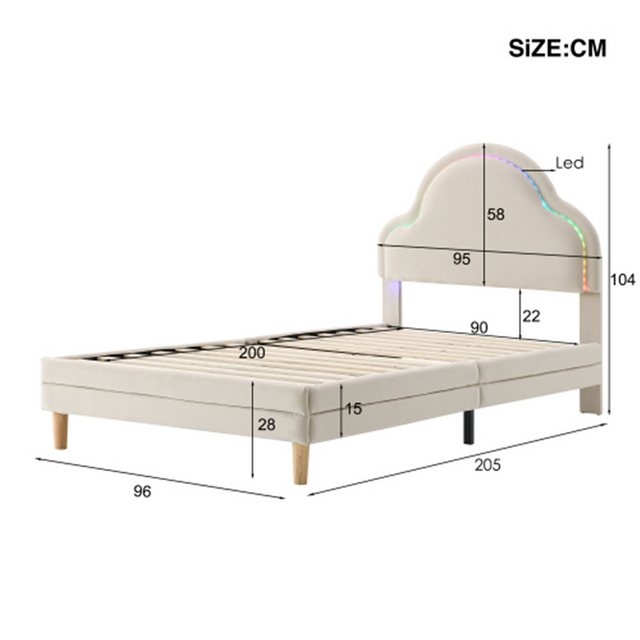 XDeer Polsterbett Polsterbett mit Kopfteil in Wolkenform, mit mehrfarbigen, wechselnden LED-Streifen, Kinderbett mit Holzlatten, Einzelbett, Samt