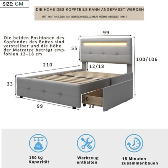 XDeer Polsterbett Polsterbett mit LED-Leuchten, 2 Schubladen,Einzelbett, Kinderbett Jugendbett Gästebett 90*200cm