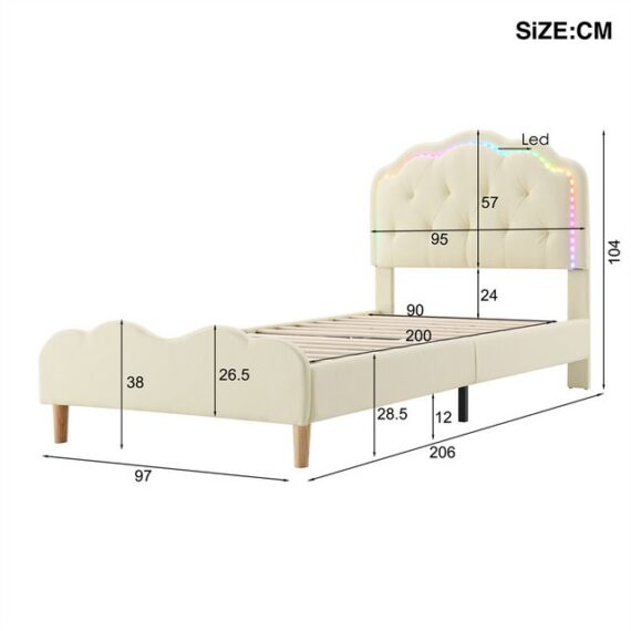 XDeer Polsterbett mit LED-Streifen, Kinderbett Holzlatten, Einzelbett, PU, 90x200cm, Wellenförmiges Kopfteil mit Zugpunktleiste Mehrfarbigen