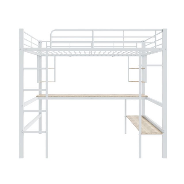 Yemaster Etagenbett 90×200 cm / 140×200 cm Metallhochbett, Mit Schreibtisch, Regalen und Sicherheitsgeländer