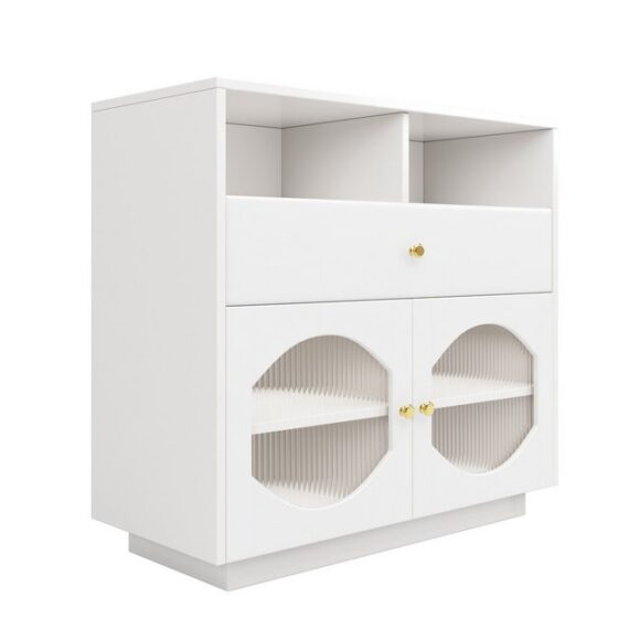 Yorbay Buffet Küchenschrank, Weinschrank mit Glastüren, 100×40×90.5cm (Aufbewahrungsschrank für Küche, Esszimmer und Wohnzimmer) Sideboard mit 2 Türen und 3Schubladen