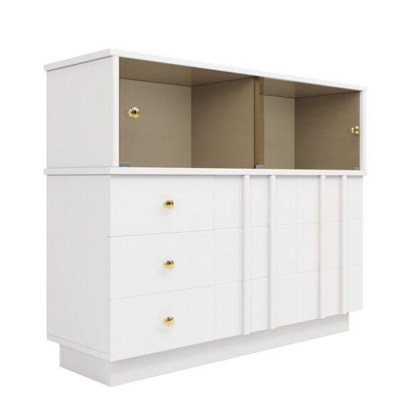 Yorbay Buffet Küchenschrank, Weinschrank mit Glastüren, 120×33×95cm (Aufbewahrungsschrank für Küche, Esszimmer und Wohnzimmer) Sideboard mit 2 Türen und 3 Schubladen