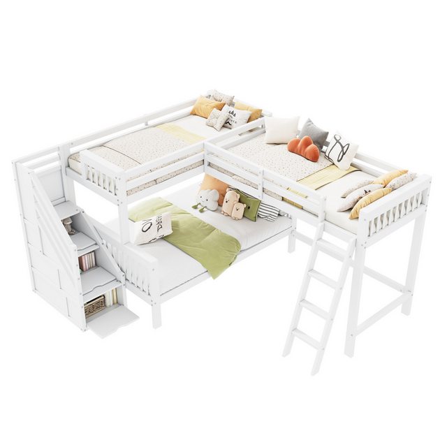 Yorbay Etagenbett Kinderbett Hochbett für drei (140×200/90×200 cm Betten), mit 3 Schließfächer