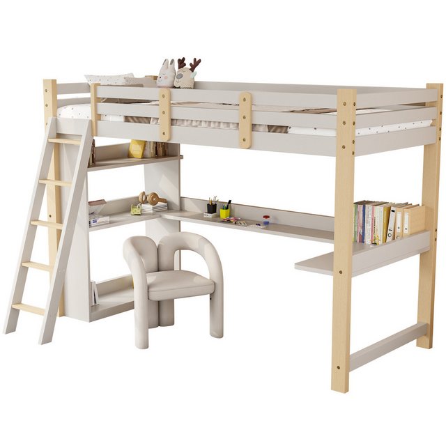 Yorbay Hochbett Kinderbett 90×200 cm (integriertem Schreibtisch und Regalen) mit Rausfallschutz, Schrägleiter