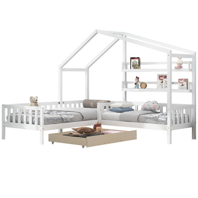 Yorbay Kinderbett Hausbett aus Massivholz mit Regalen und Schubladen (L-Struktur), 90×200 cm + 140×70 cm