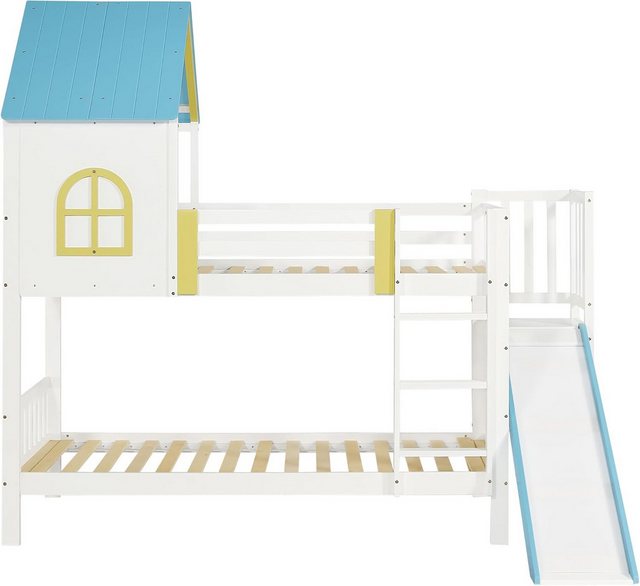 ZREE Kinderbett Etagenbett, Hausbett, Kinderbett, Kinderbett mit Dach und Fenster (mit Fallschutz und Gitter, mit dreistufiger Leiter, mit Rutsche, 1-tlg., Kiefer+MDF, Weiß+Blau, 90x200cm), Etagenbett mit lustiger Rutsche