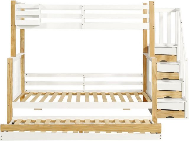 ZREE Kinderbett Etagenbett mit Fallschutz und Gitter Entworfen mit DREI Bettpositionen (mit Rollbett, Spezielles Türverkleidungsdesign, Ecktreppe, 1-tlg., Kiefer+MDF, Weiß+Natur, 90×200&120 * 200cm), Sichere und stabile Konstruktion platzsparendes Design