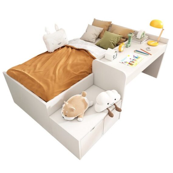 ZREE Stauraumbett Kinderbett, Massiveholz Einzelbett mit Schreibtisch und Schubladen (Massiveholz Einzelbett, Jugendbett, 1-tlg., 90 x 200 cm, weiß (Ohne Matratze), Stauraumbett mit Lattenrost, für Jungen & Mädchen