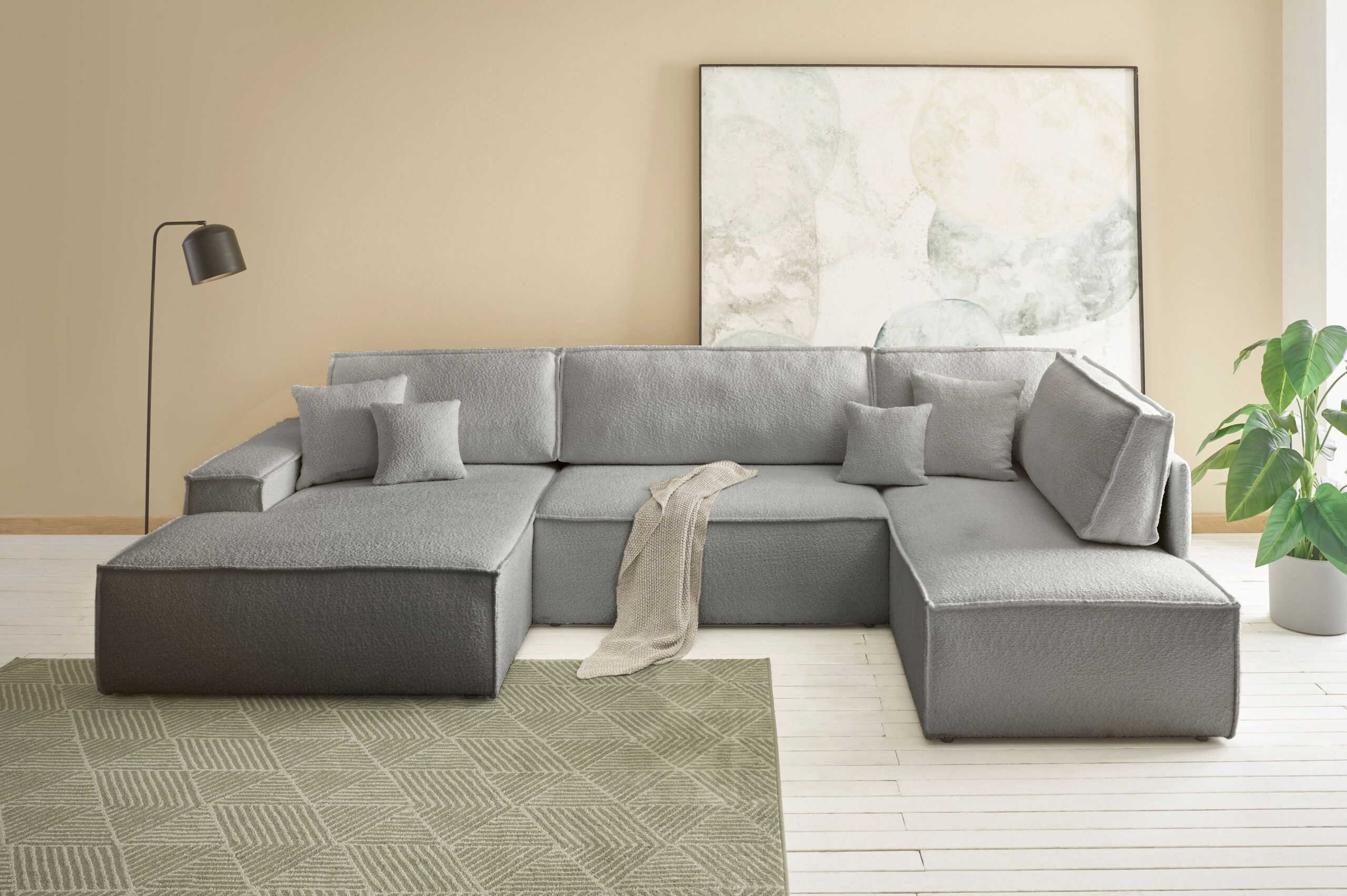 andas Wohnlandschaft „FINNLEY U-Form XXL 329 cm, Schlafsofa, Schlaffunktion m. Bettkasten“, (194/139 cm), Bouclé, Struktur und Cord