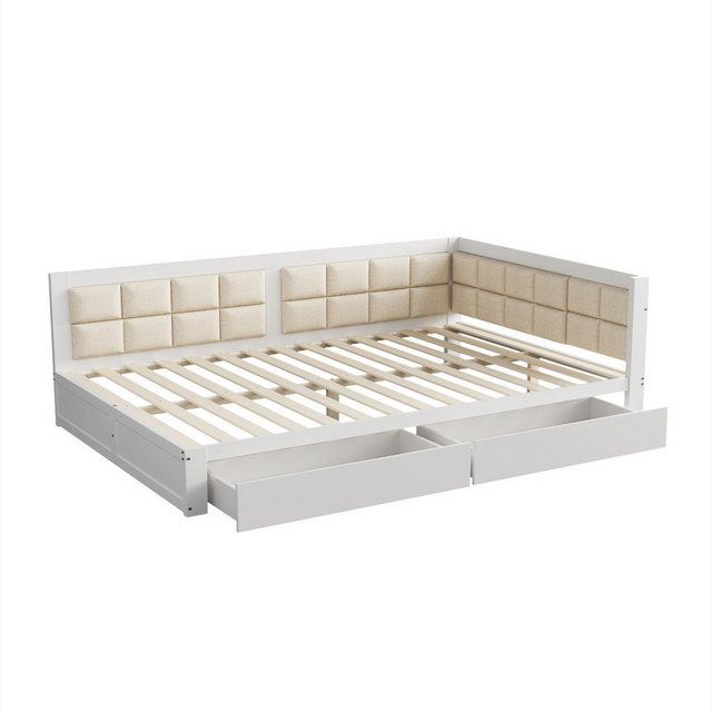 autolock Daybett Sofabett,Holzbett 140×200 Multifunktionsbett, weiche Rückenlehnenform, große Stauraumschubladen, Lattenrost, Einzelbett Kiefer