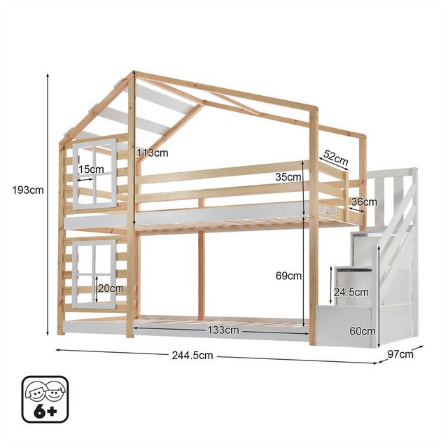 autolock Etagenbett Kinderbett Baumhaus mit Schublade und Rausfallschutz 90 x 200 cm, Hochbett für Kinder- 2x Lattenrost- Natur & Weiß