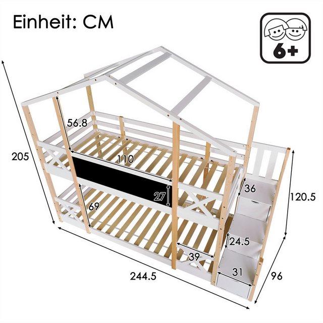 autolock Etagenbett Kinderbett Baumhaus mit Speicherung und Rausfallschutz 90 x 200 cm, Hochbett für Kinder- 2x Lattenrost- Natur & Weiß