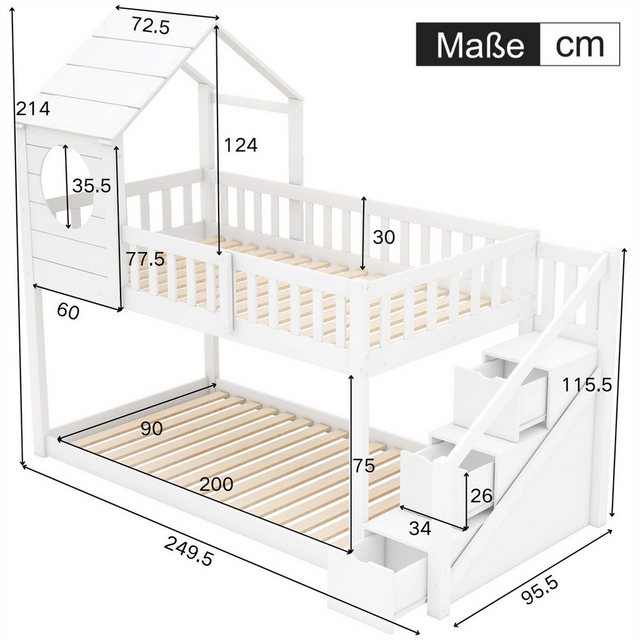 autolock Hochbett Baumhaus Kinderbett,Doppelbett, Kinderbett in Hausform,Leiterschrank Kiefernholz Haus Bett for Kids, 90 x 200 cm, ohne Matratze