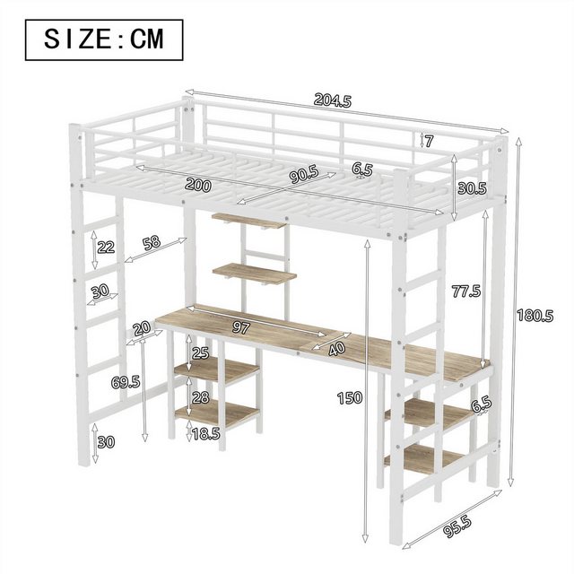 autolock Hochbett Eisenrahmenbett, Etagenbett mit Tisch und Regalen, 90x200cm