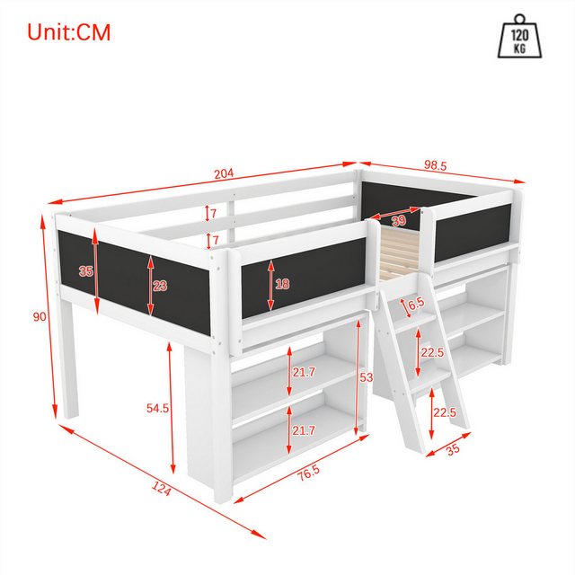 autolock Hochbett Halbhohes Bett, Mehrere Einlegeböden zur Aufbewahrung, 90*200cm