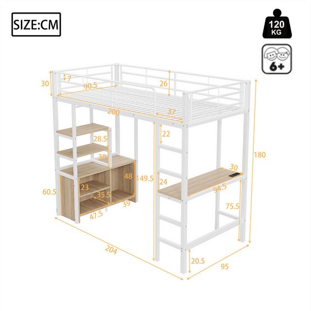 autolock Hochbett Hochbett, 90*200cm, Mit Steckdose und USB,Offener Lagerschrank