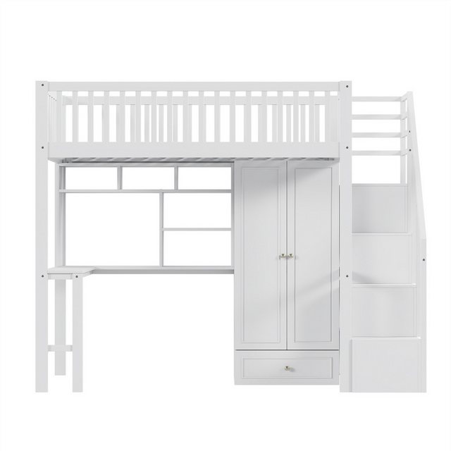 autolock Hochbett Hochbett mit großem Kleiderschrank Regal und Tisch, 90 x 200 cm